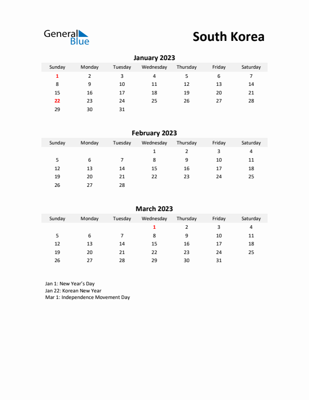 Printable Quarterly Calendar with Notes and South Korea Holidays- Q1 of 2023