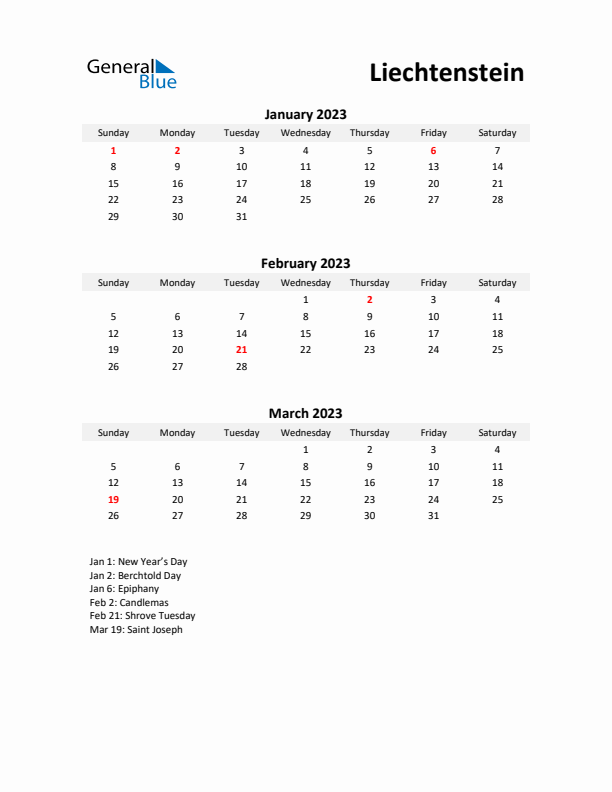 Printable Quarterly Calendar with Notes and Liechtenstein Holidays- Q1 of 2023