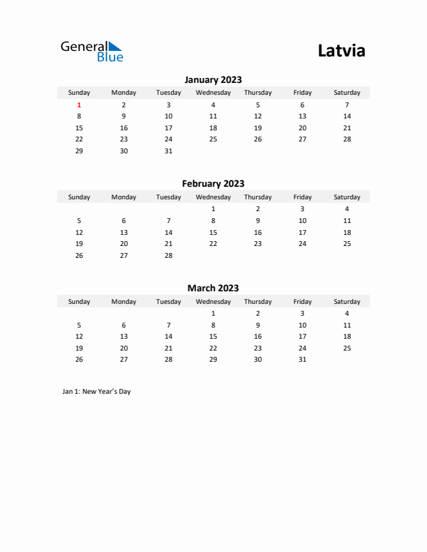 Printable Quarterly Calendar with Notes and Latvia Holidays- Q1 of 2023