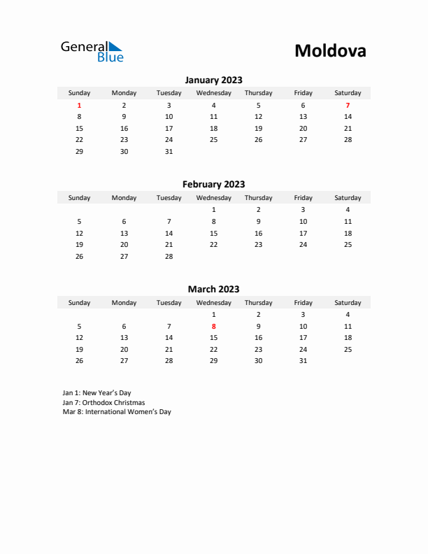 Printable Quarterly Calendar with Notes and Moldova Holidays- Q1 of 2023