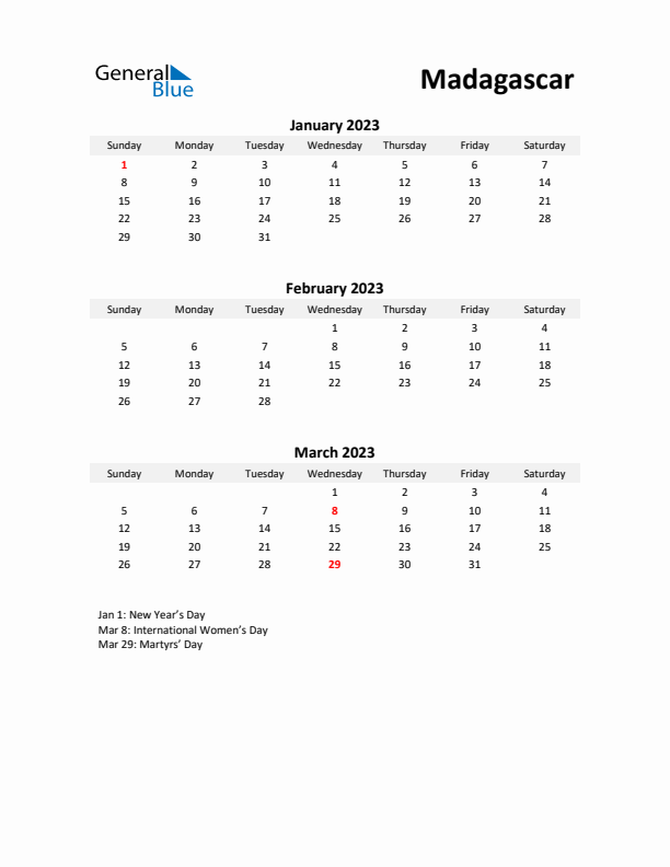 Printable Quarterly Calendar with Notes and Madagascar Holidays- Q1 of 2023