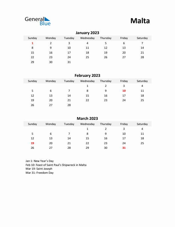 Printable Quarterly Calendar with Notes and Malta Holidays- Q1 of 2023