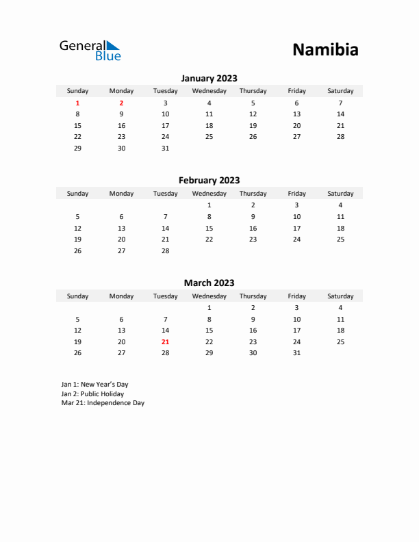 Printable Quarterly Calendar with Notes and Namibia Holidays- Q1 of 2023