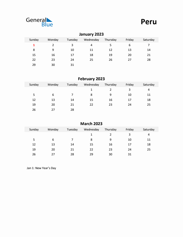 Printable Quarterly Calendar with Notes and Peru Holidays- Q1 of 2023