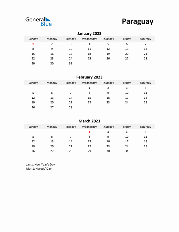 Printable Quarterly Calendar with Notes and Paraguay Holidays- Q1 of 2023