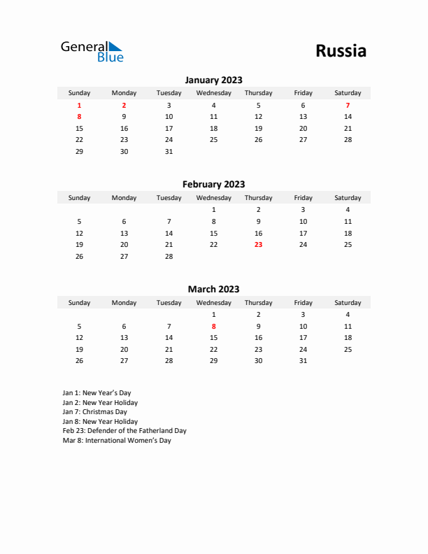 Printable Quarterly Calendar with Notes and Russia Holidays- Q1 of 2023