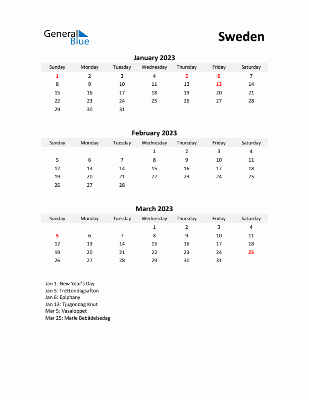 Printable Quarterly Calendar with Notes and Sweden Holidays- Q1 of 2023