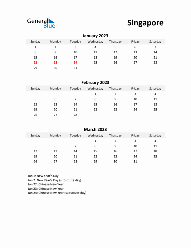 Printable Quarterly Calendar with Notes and Singapore Holidays- Q1 of 2023