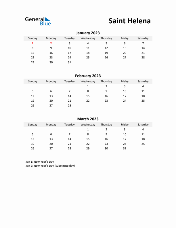 Printable Quarterly Calendar with Notes and Saint Helena Holidays- Q1 of 2023