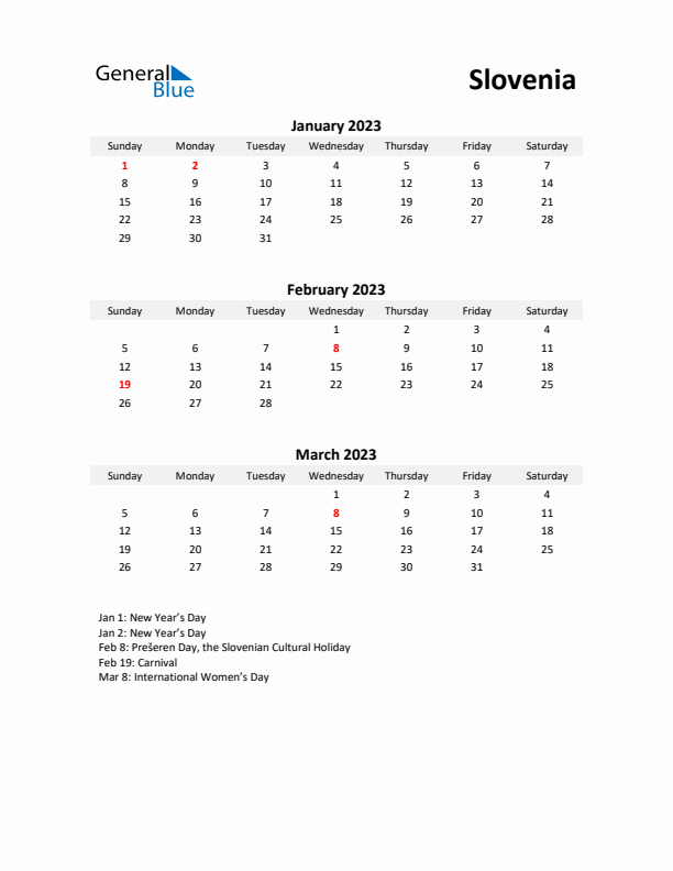 Printable Quarterly Calendar with Notes and Slovenia Holidays- Q1 of 2023