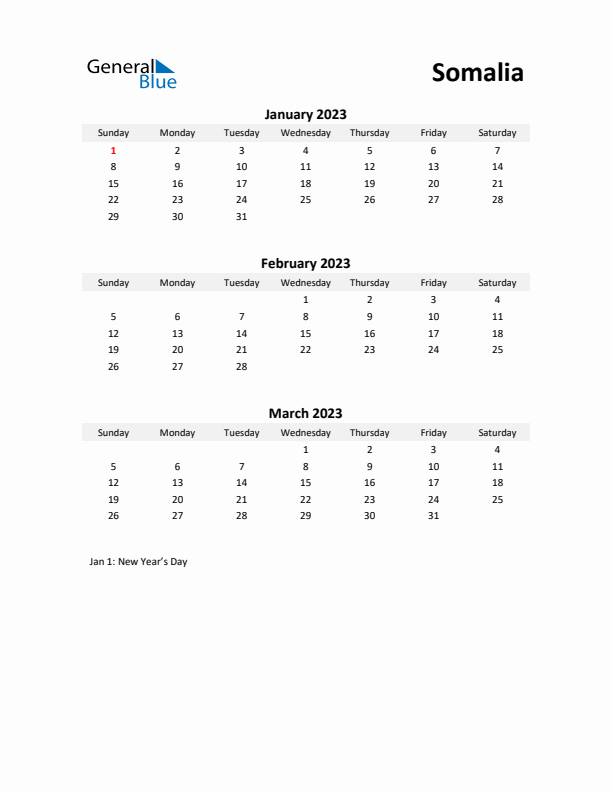 Printable Quarterly Calendar with Notes and Somalia Holidays- Q1 of 2023