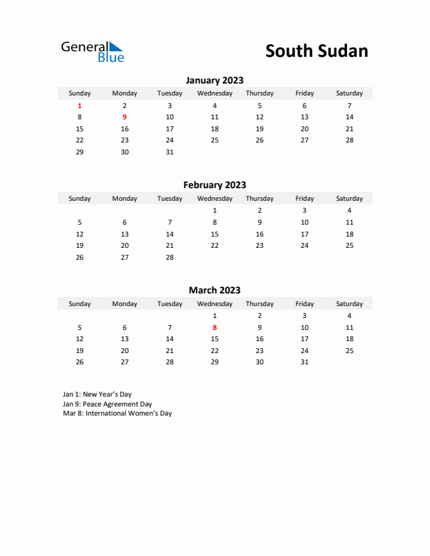 Printable Quarterly Calendar with Notes and South Sudan Holidays- Q1 of 2023