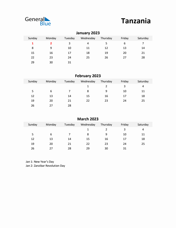 Printable Quarterly Calendar with Notes and Tanzania Holidays- Q1 of 2023