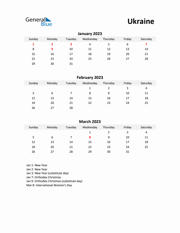 Printable Quarterly Calendar with Notes and Ukraine Holidays- Q1 of 2023