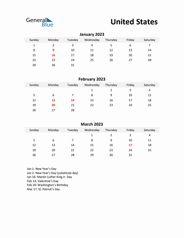 Printable Quarterly Calendar with Notes and United States Holidays- Q1 of 2023