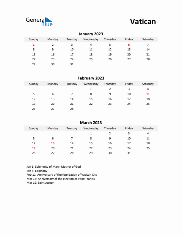 Printable Quarterly Calendar with Notes and Vatican Holidays- Q1 of 2023