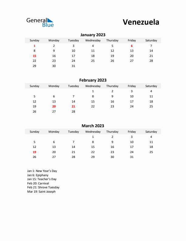 Printable Quarterly Calendar with Notes and Venezuela Holidays- Q1 of 2023