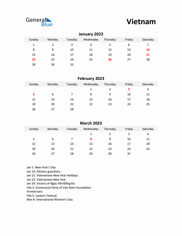 Printable Quarterly Calendar with Notes and Vietnam Holidays- Q1 of 2023