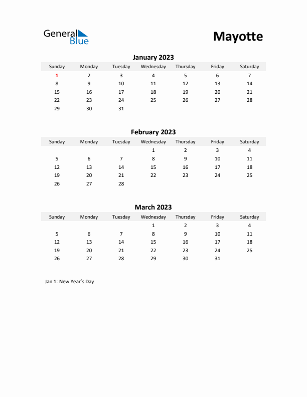 Printable Quarterly Calendar with Notes and Mayotte Holidays- Q1 of 2023