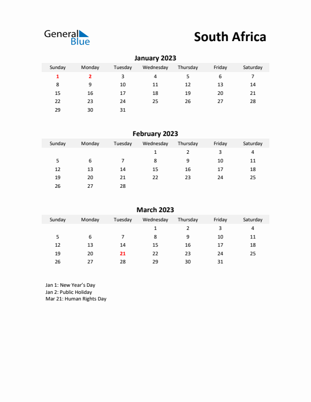 Printable Quarterly Calendar with Notes and South Africa Holidays- Q1 of 2023