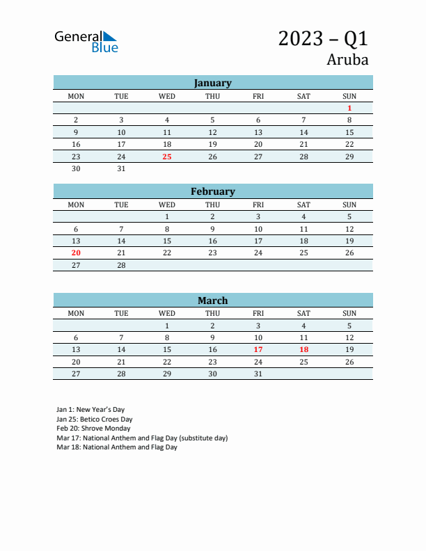 Three-Month Planner for Q1 2023 with Holidays - Aruba