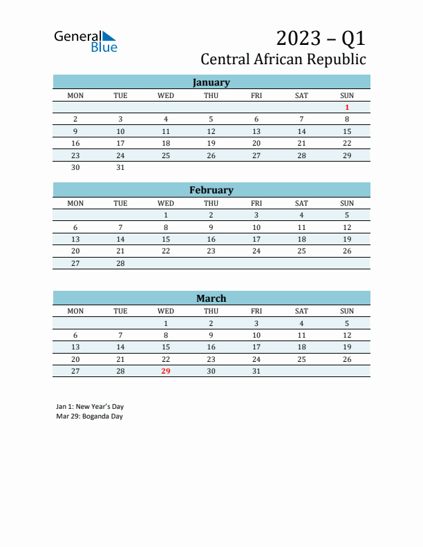 Three-Month Planner for Q1 2023 with Holidays - Central African Republic