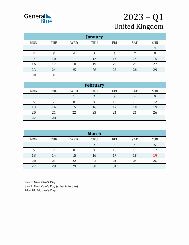 Three-Month Planner for Q1 2023 with Holidays - United Kingdom