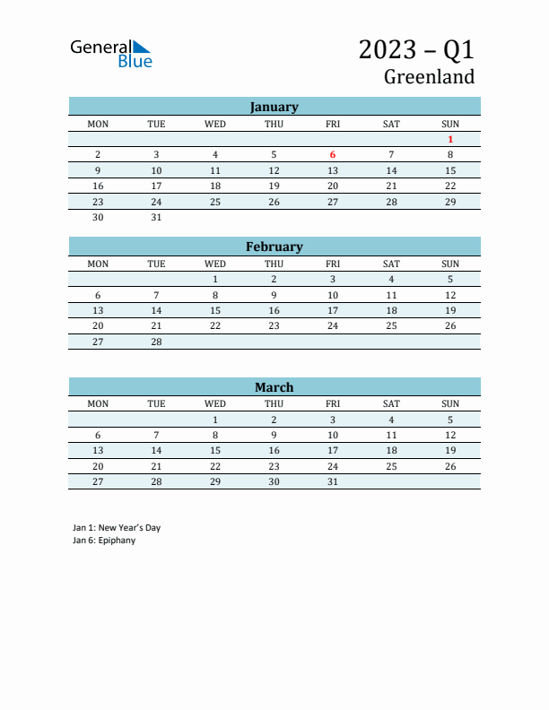 Three-Month Planner for Q1 2023 with Holidays - Greenland