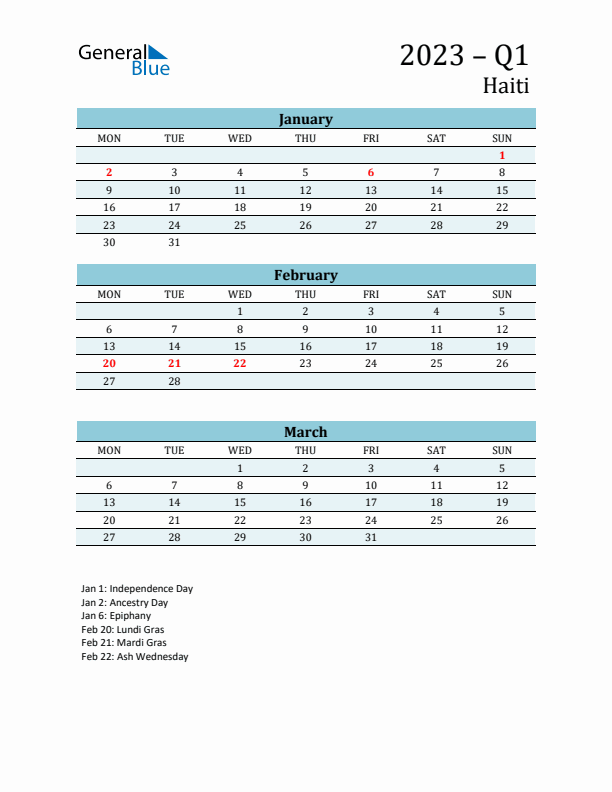 Three-Month Planner for Q1 2023 with Holidays - Haiti