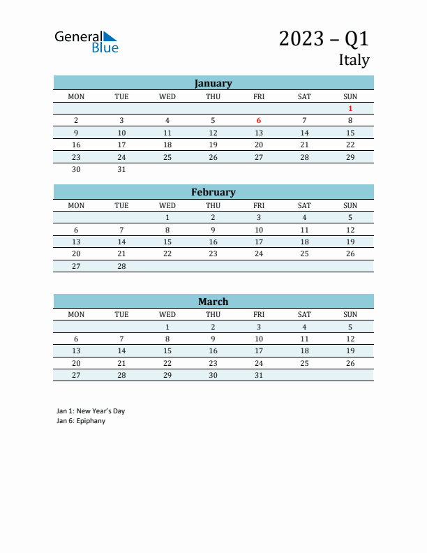 Three-Month Planner for Q1 2023 with Holidays - Italy