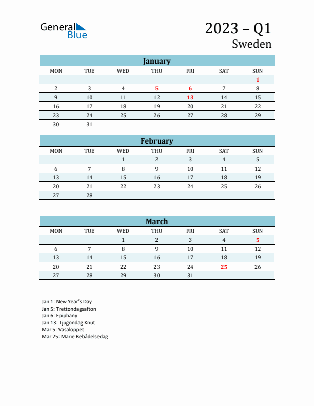 Three-Month Planner for Q1 2023 with Holidays - Sweden