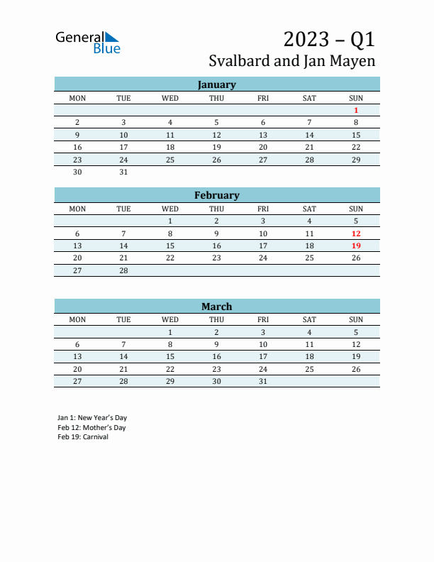 Three-Month Planner for Q1 2023 with Holidays - Svalbard and Jan Mayen