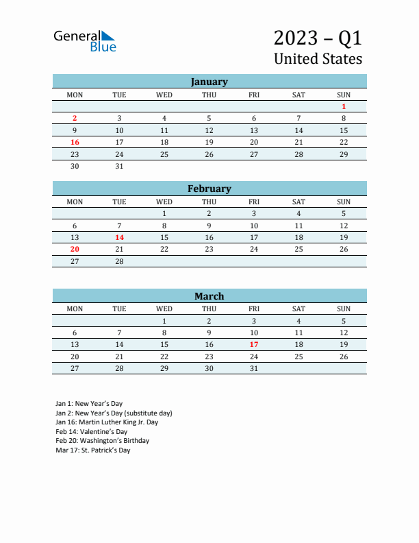 Three-Month Planner for Q1 2023 with Holidays - United States