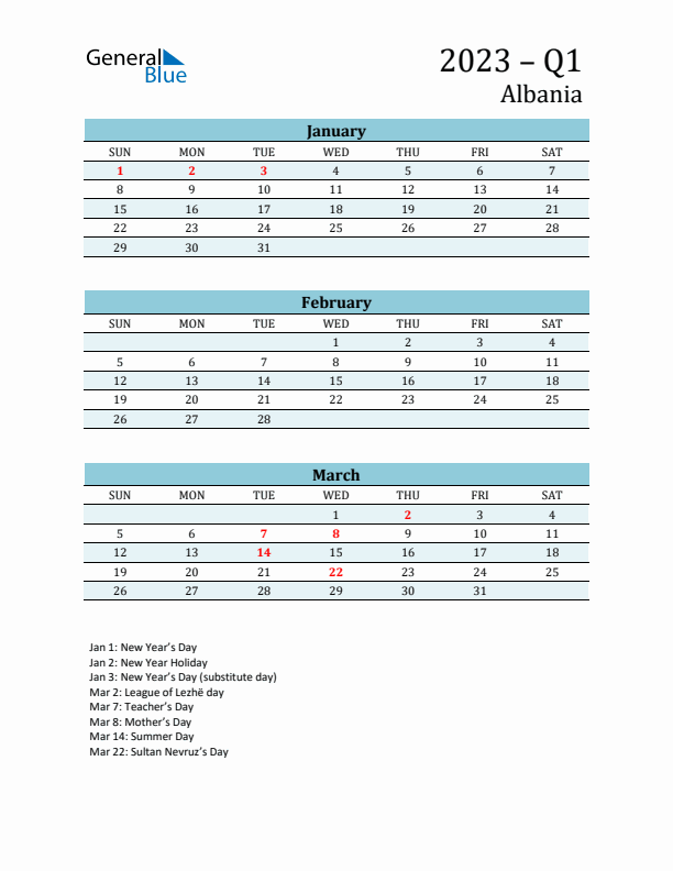 Three-Month Planner for Q1 2023 with Holidays - Albania