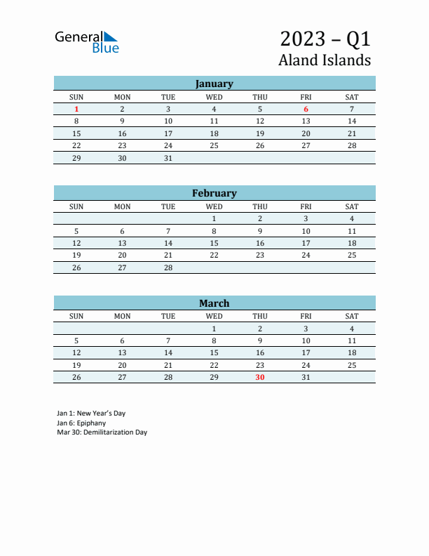 Three-Month Planner for Q1 2023 with Holidays - Aland Islands