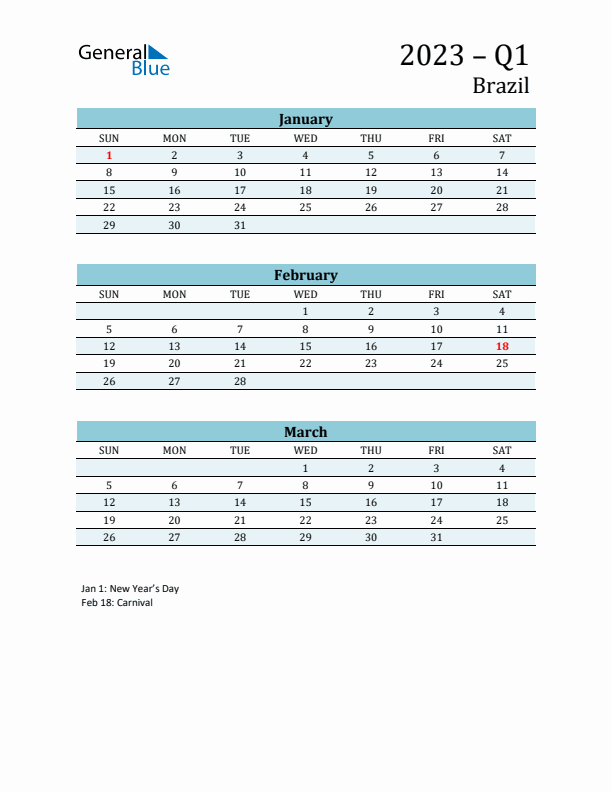 Three-Month Planner for Q1 2023 with Holidays - Brazil