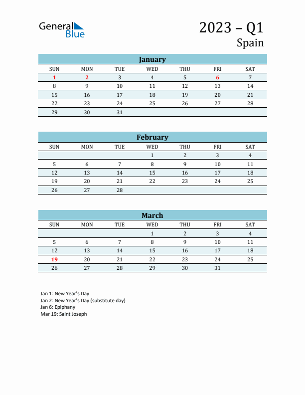 Three-Month Planner for Q1 2023 with Holidays - Spain