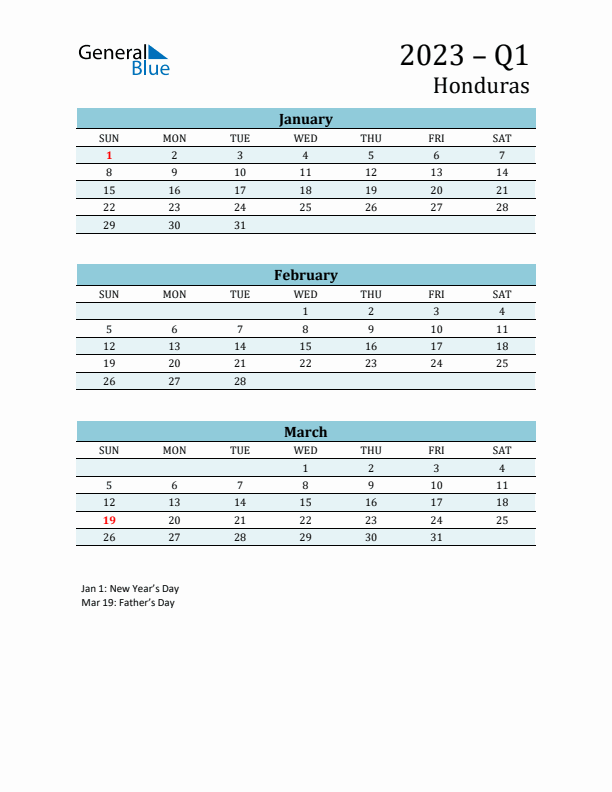 Three-Month Planner for Q1 2023 with Holidays - Honduras