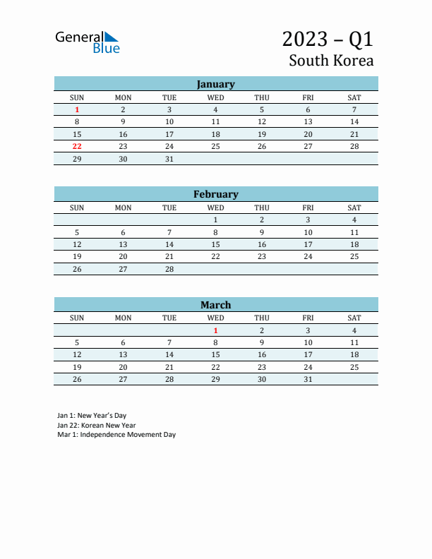 Three-Month Planner for Q1 2023 with Holidays - South Korea