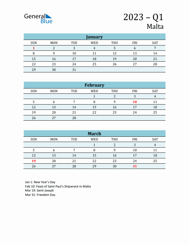 Three-Month Planner for Q1 2023 with Holidays - Malta