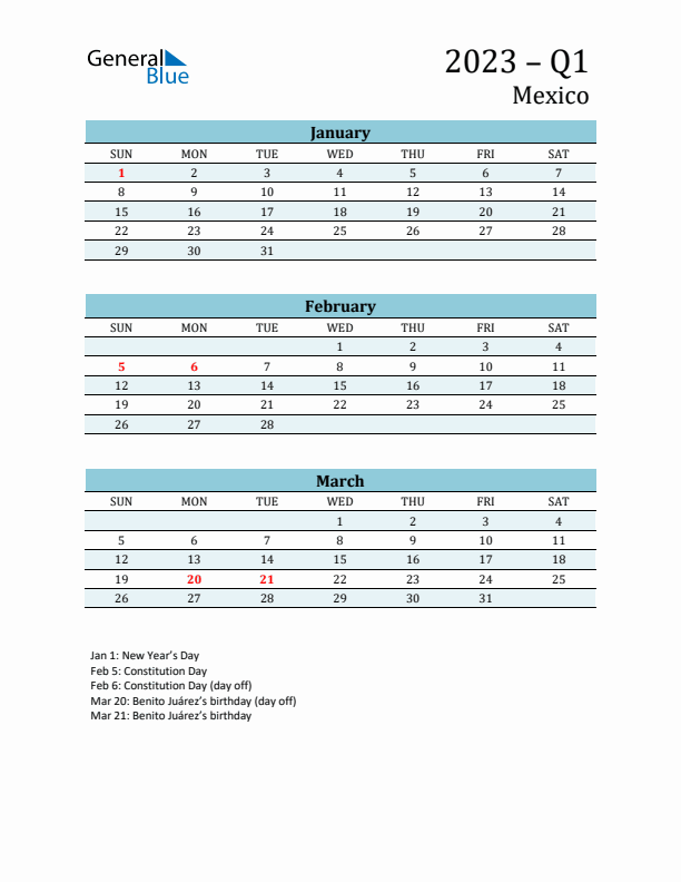 Three-Month Planner for Q1 2023 with Holidays - Mexico