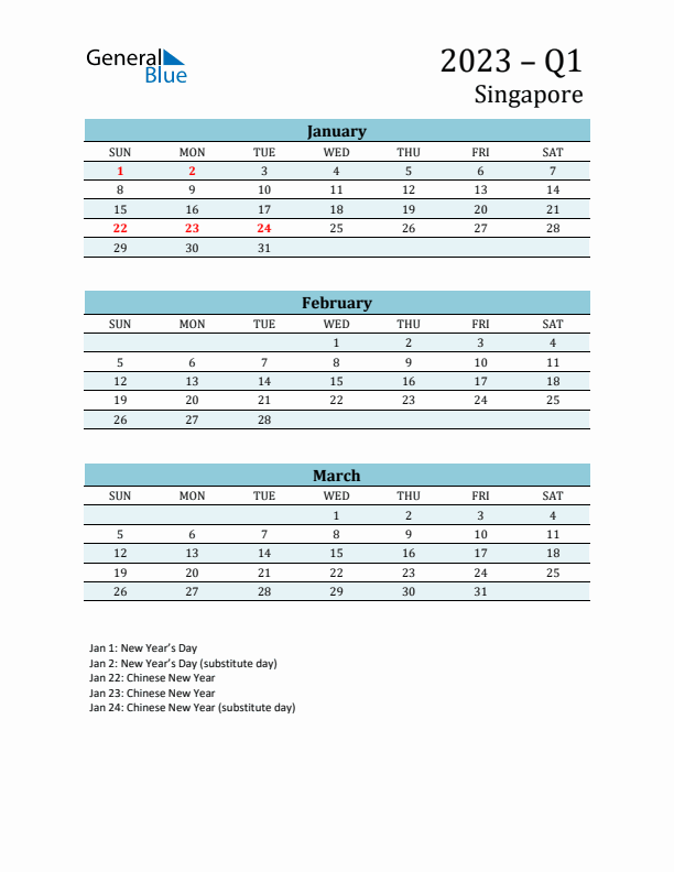 Three-Month Planner for Q1 2023 with Holidays - Singapore