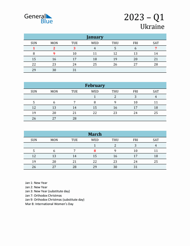 Three-Month Planner for Q1 2023 with Holidays - Ukraine