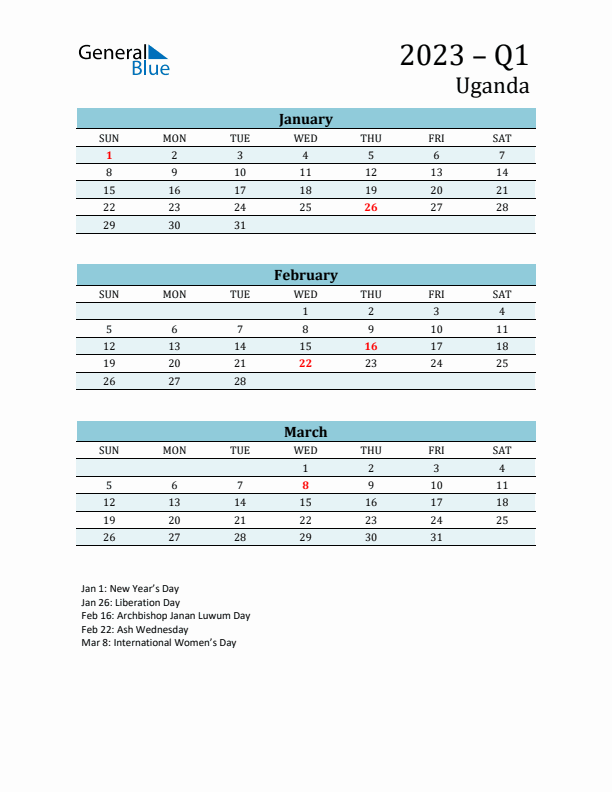 Three-Month Planner for Q1 2023 with Holidays - Uganda