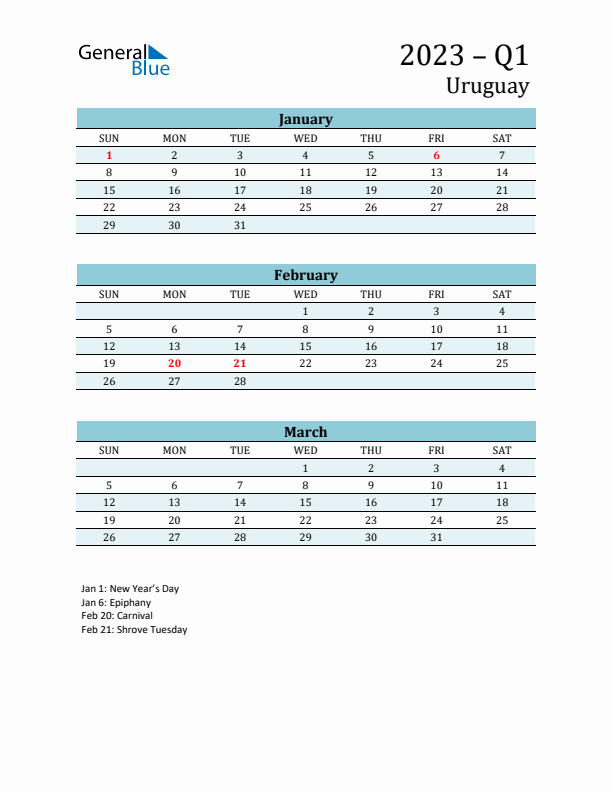 Three-Month Planner for Q1 2023 with Holidays - Uruguay