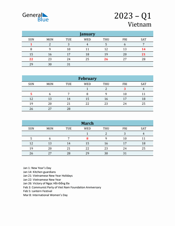 Three-Month Planner for Q1 2023 with Holidays - Vietnam