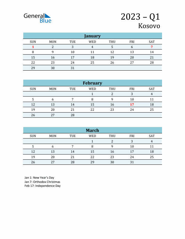 Three-Month Planner for Q1 2023 with Holidays - Kosovo