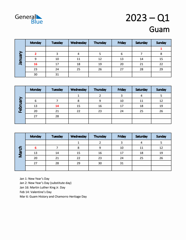 Free Q1 2023 Calendar for Guam - Monday Start