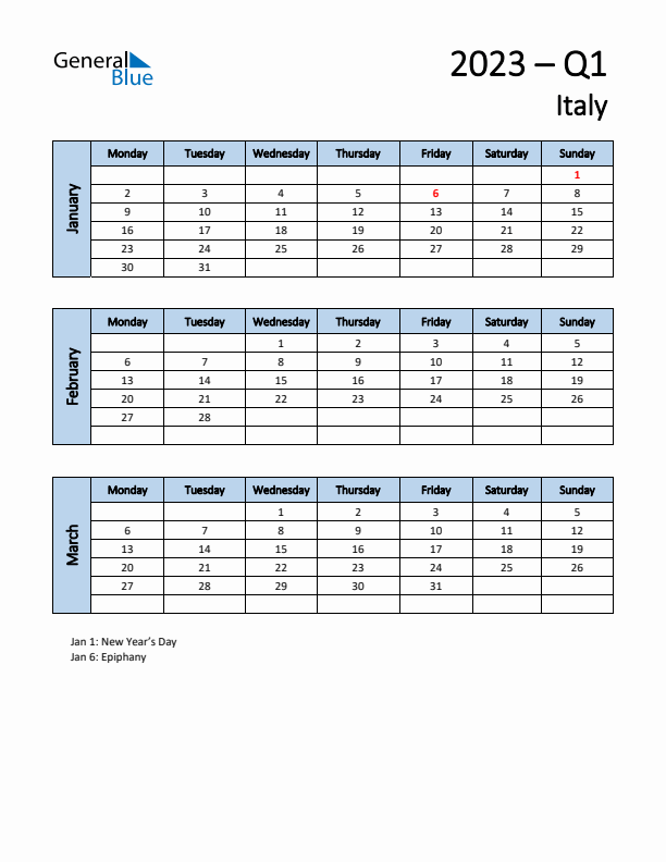 Free Q1 2023 Calendar for Italy - Monday Start