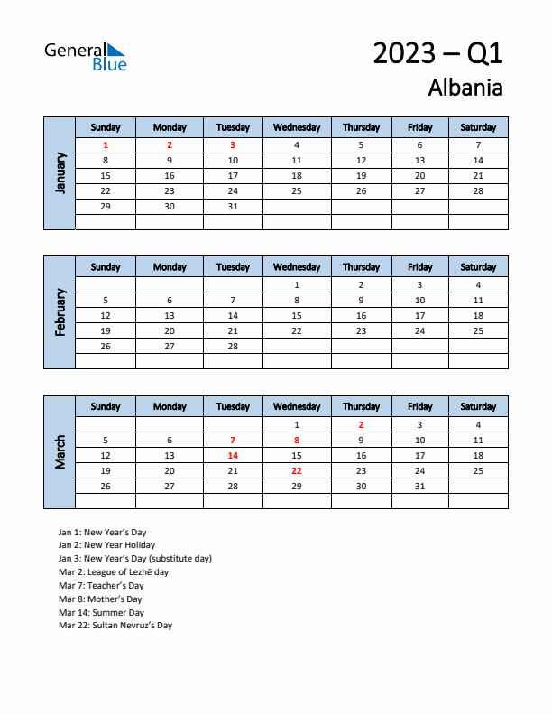 Free Q1 2023 Calendar for Albania - Sunday Start